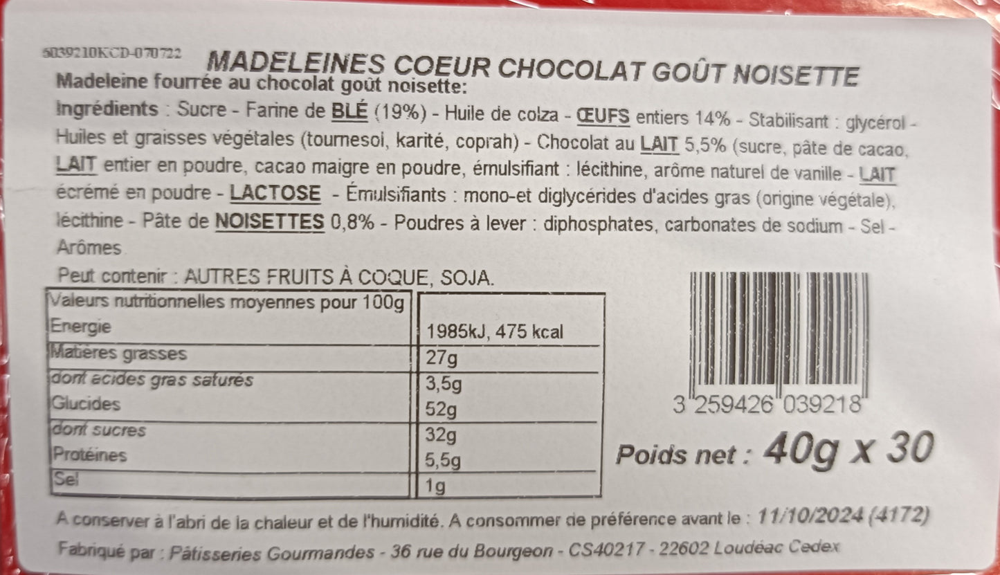 Madeleines chocolat noisette 1.35 kg environ Kercadelac
