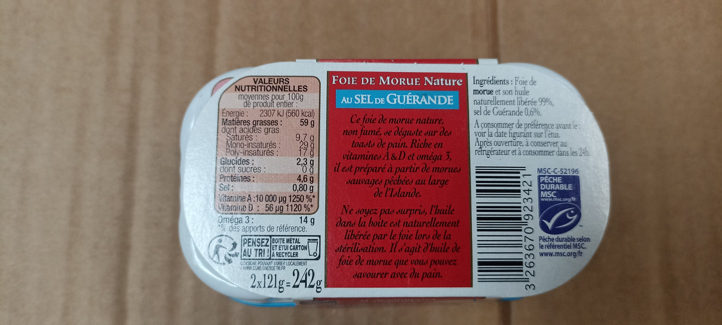 Foie de morue nature MSC au sel de Guérande lot 4 boîtes de 121g Connétable