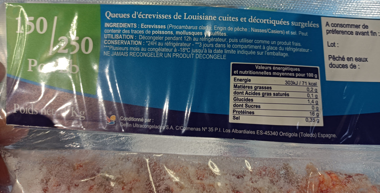 Queues écrevisses cuites décortiquées IQF 150/250 sachet 1 kg Delfin