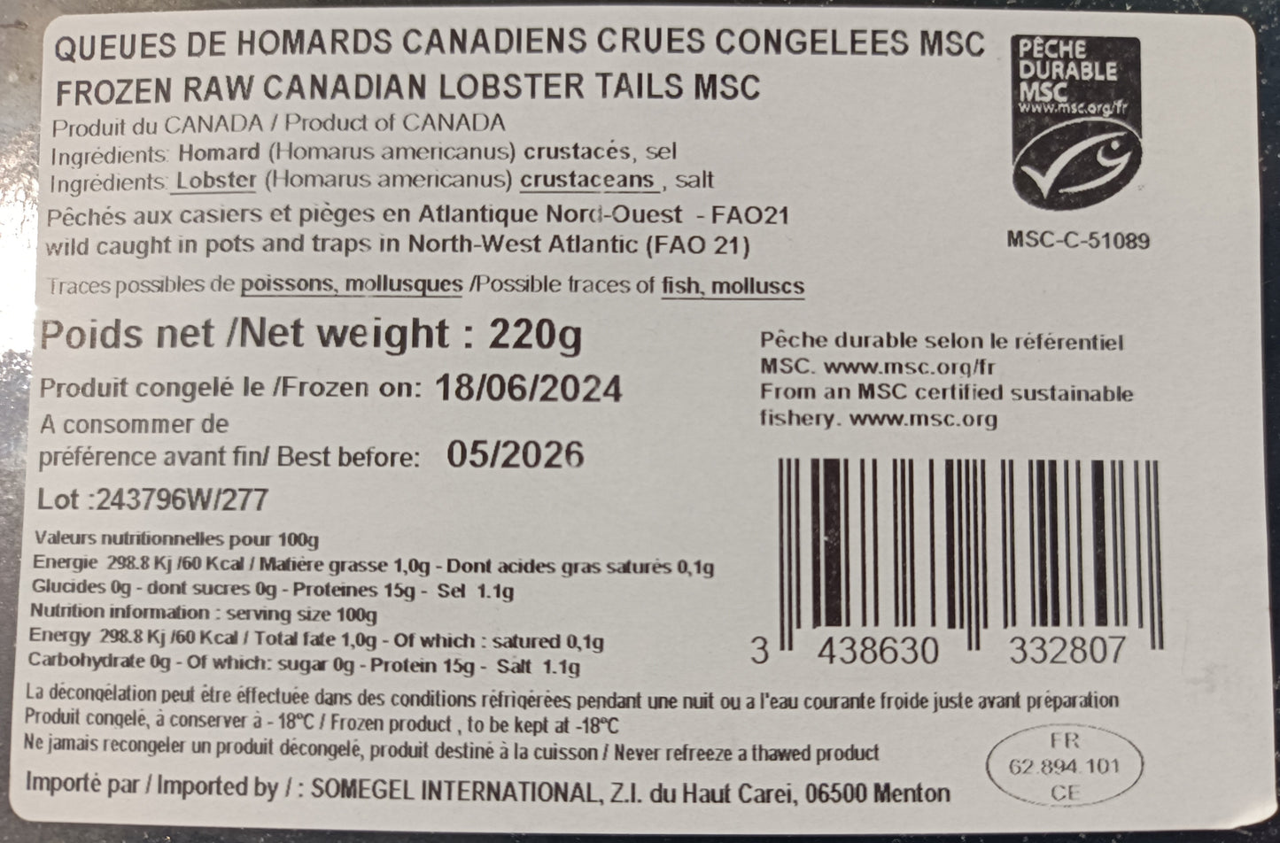 Queues de homard canadien crue lot de 2 barquettes de 2 x 110g