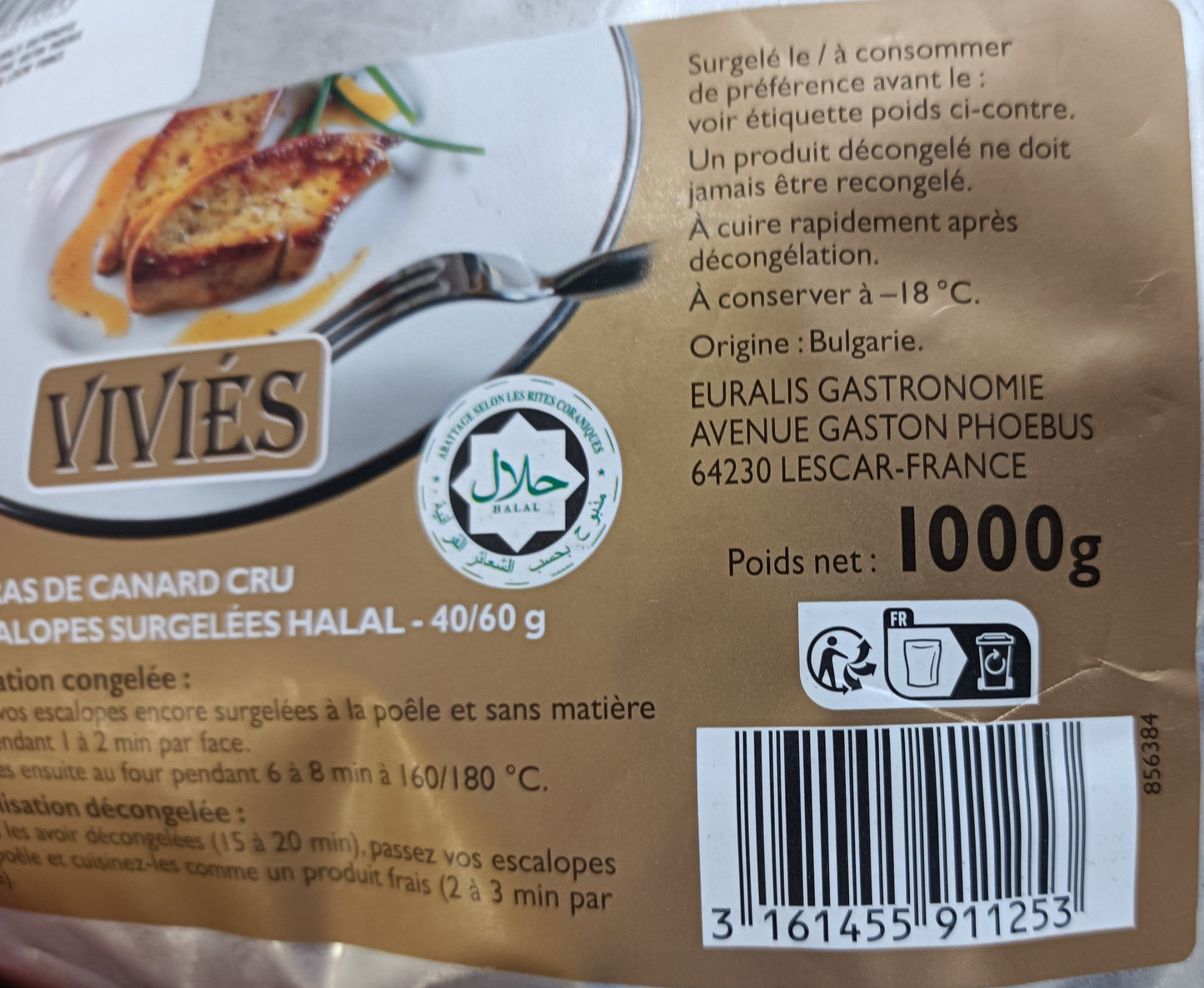 Escalope de foie gras de canard halal 40/60g lot de 5 sachets de 1 kg Vivies