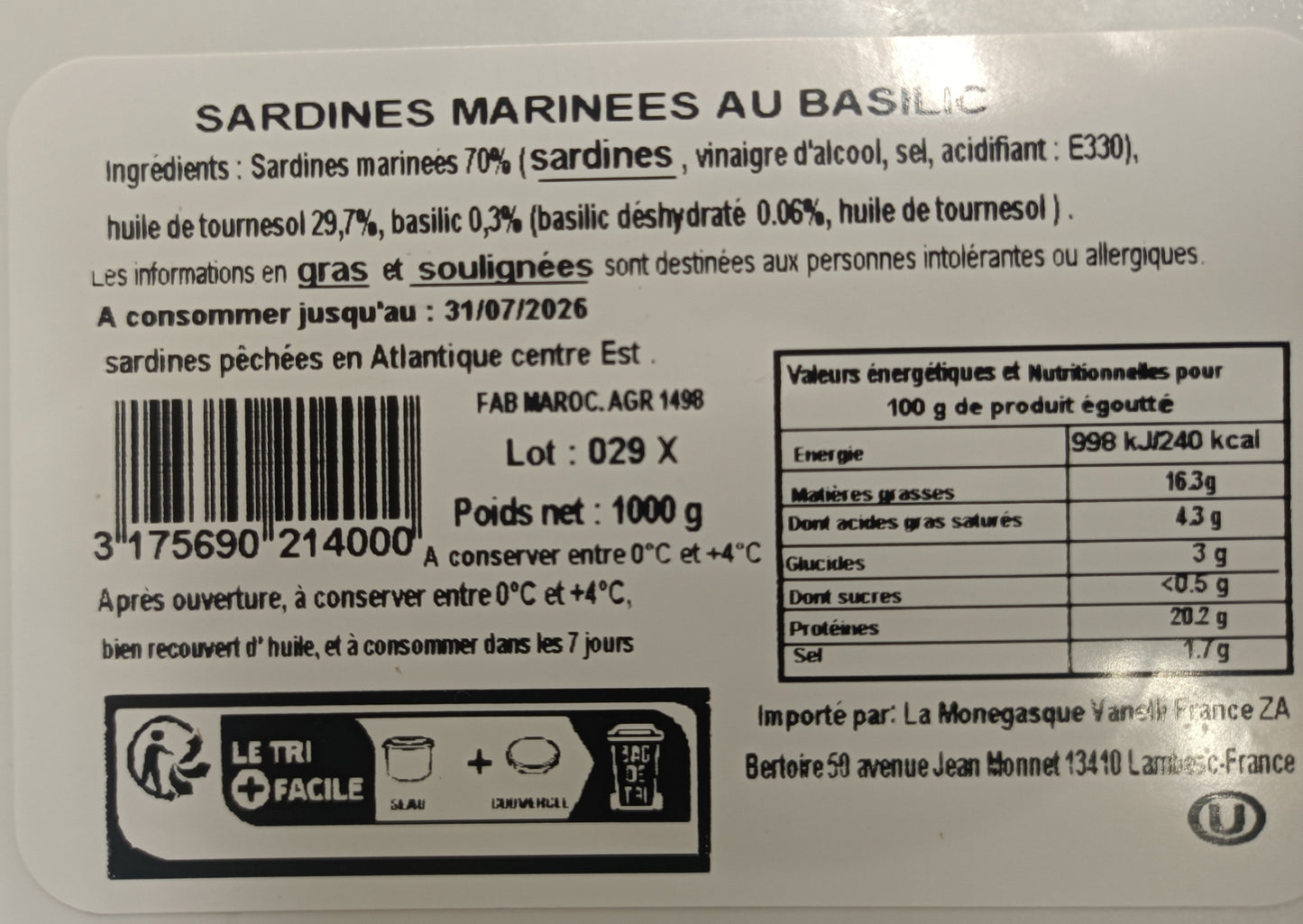 Sardines au basilic 1 kg Vanelli