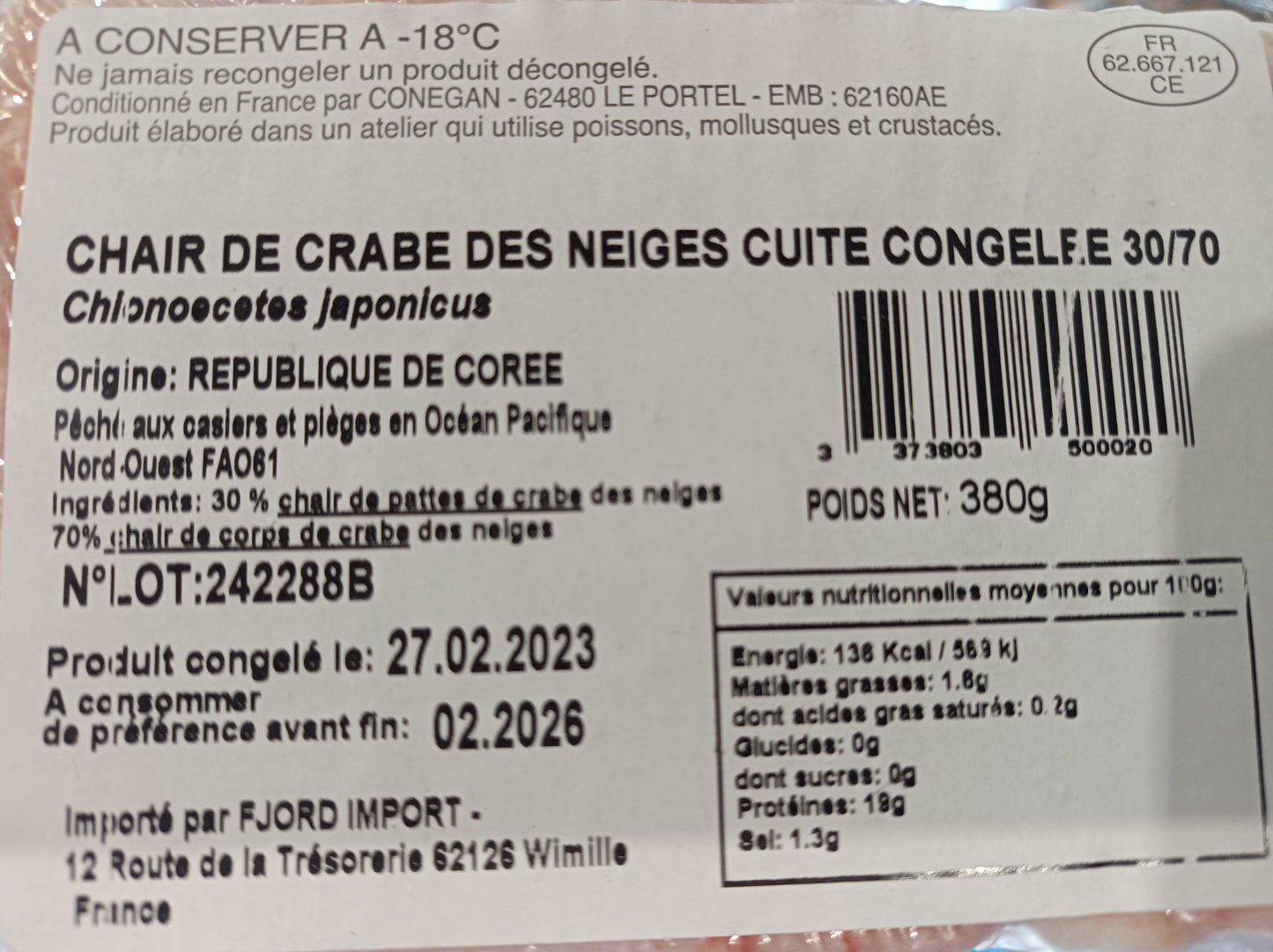 Chair de crabe des neiges cuit surgelé lot de 2 barquettes de 380g