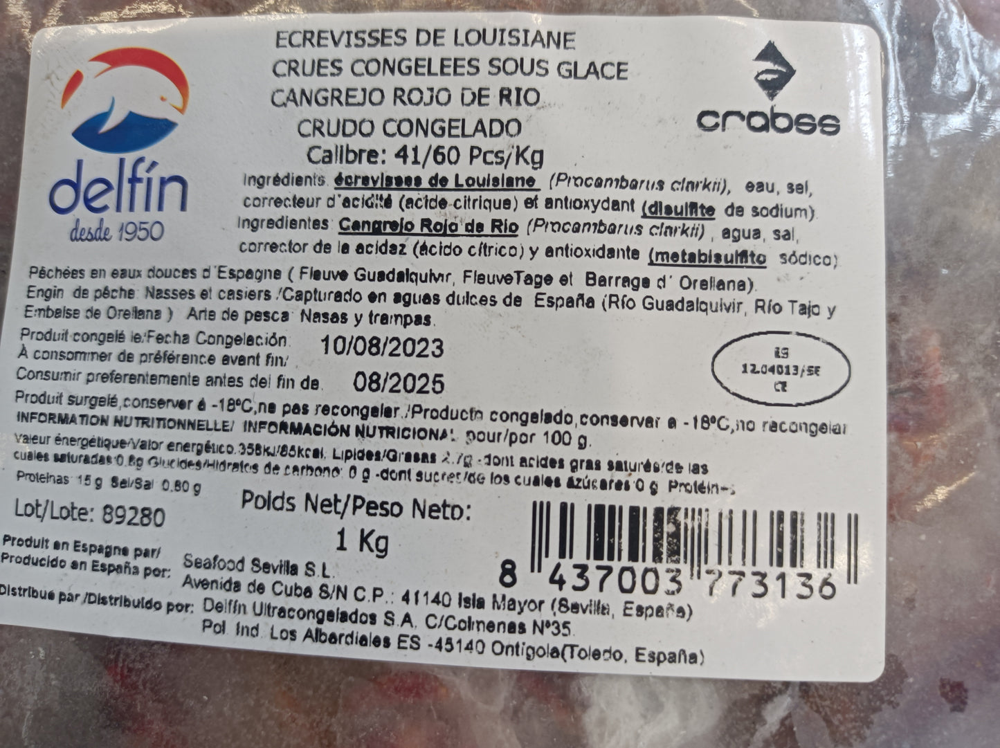 Ecrevisses de Louisiane entières crues congelées sous glace 1kg Delfin