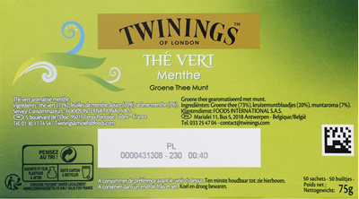 Thé vert à la menthe lot de 2 boîtes de 50 sachets Twinings