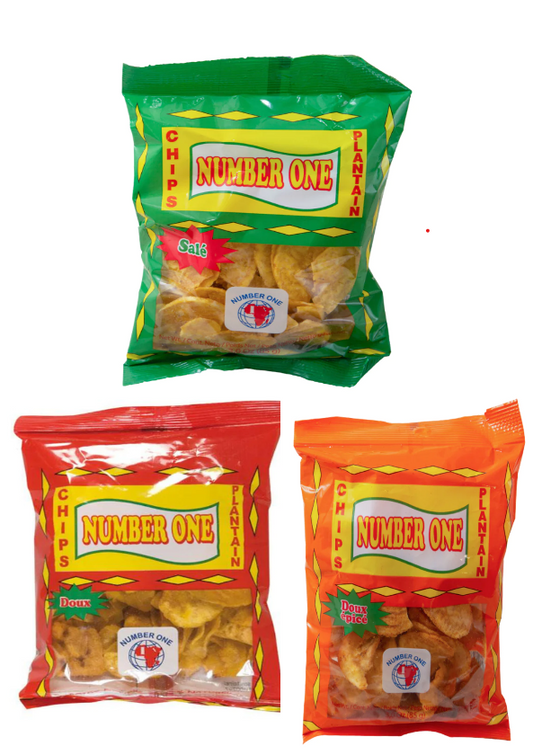 Chips de bananes Plantain 3 saveurs (doux, salé, épicé) lot de 3 cartons de 20 x 85g Number One