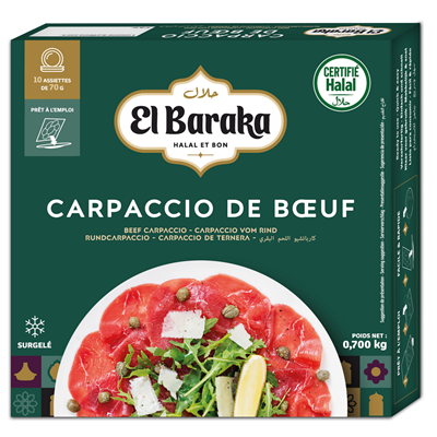 Carpaccio de boeuf halal lot de 10 boîtes de 10 assiettes x 70 g soit 7 kg El Baraka