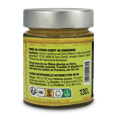 Citron confit au gingembre BIO lot de 6 bocaux de 130g Le Coq Noir