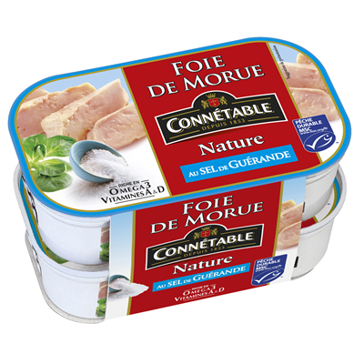 Foie de morue nature MSC au sel de Guérande lot 4 boîtes de 121g Connétable