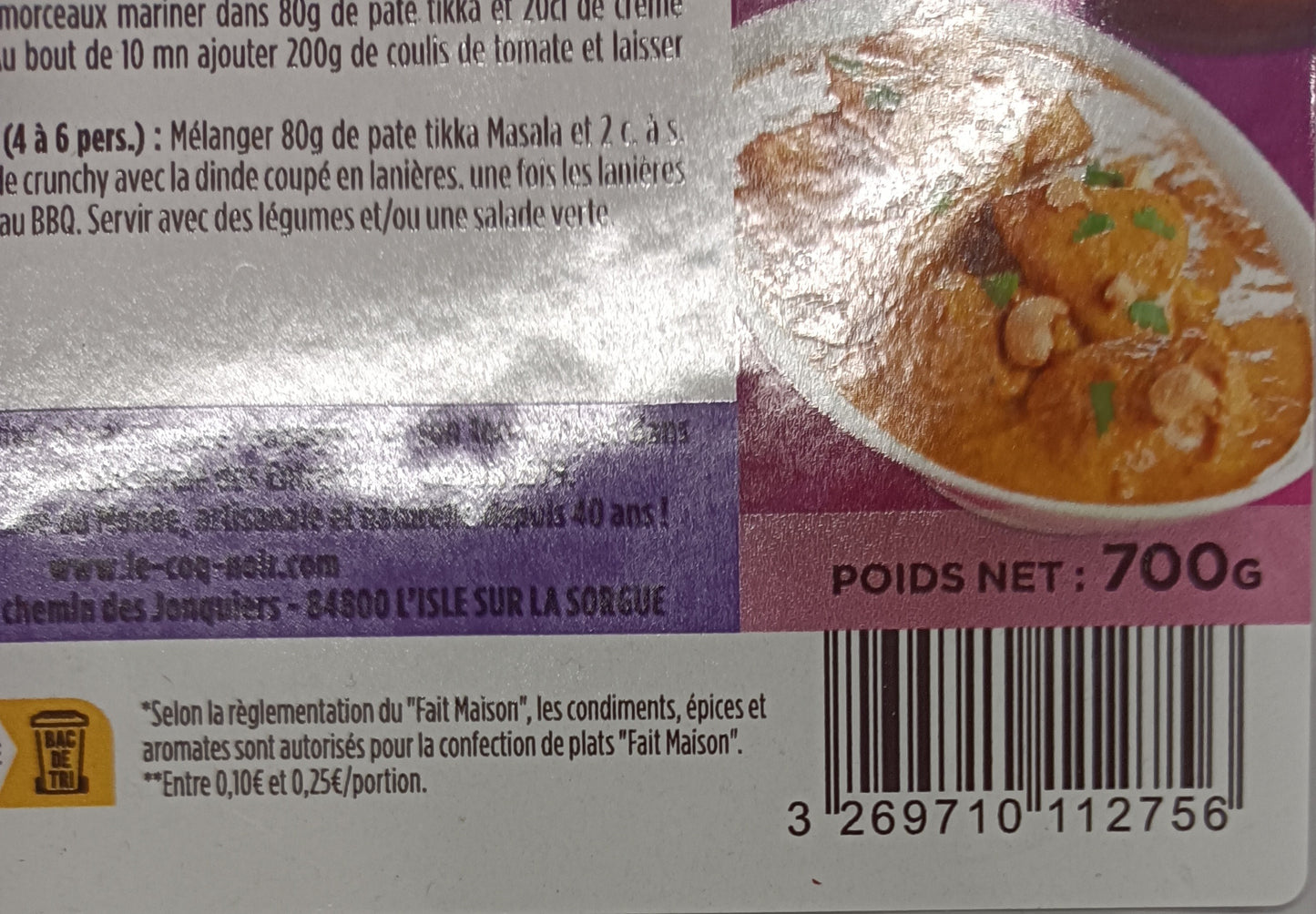 Pâte de Curry Tikka Masala lot de 6 barquettes de 700g Le Coq Noir