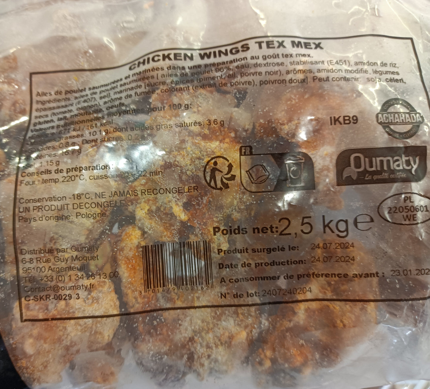 Chicken wings Tex Mex halal Lot de 4 sachets de 2.5 kg Oumaty