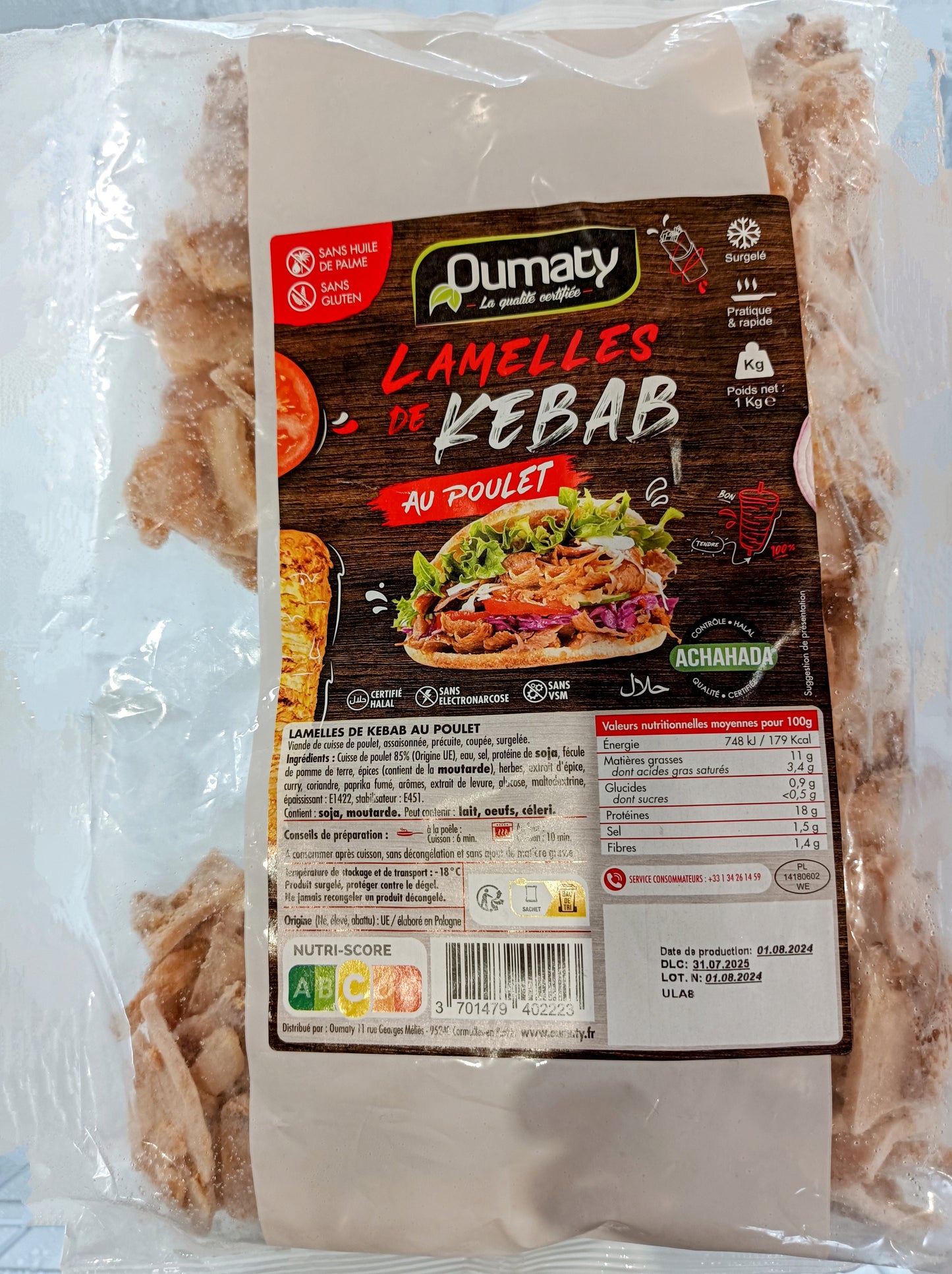 Lamelle de kebab de poulet halal lot de 5 sachets de 1 kg Oumaty