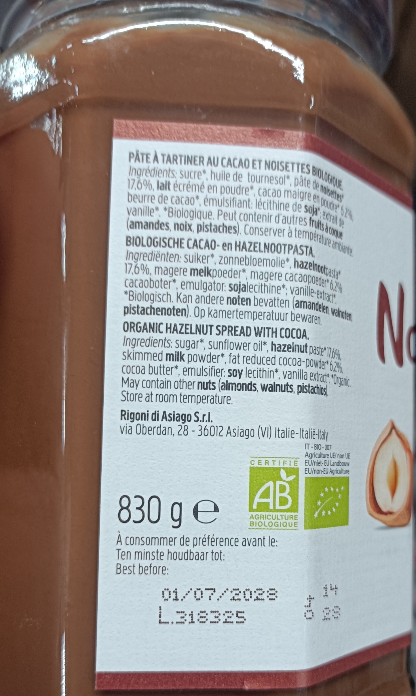 Pâte à tartiner cacao et noisettes BIO lot de 2 pots de 830g Rigoni Di Asiago