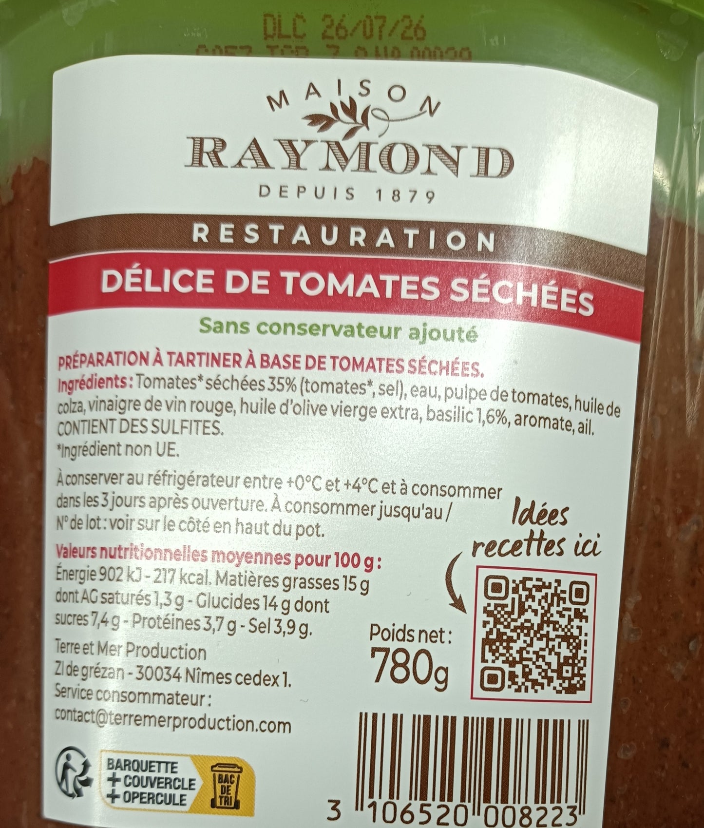 Délice de tomates séchées au basilic lot de 4 barquettes de 780g Maison Raymond