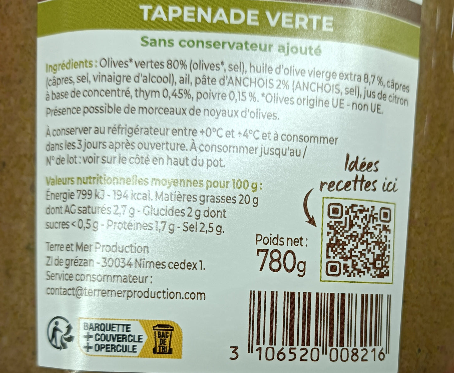 Tapenade verte lot de 4 barquettes de 780g Maison Raymond