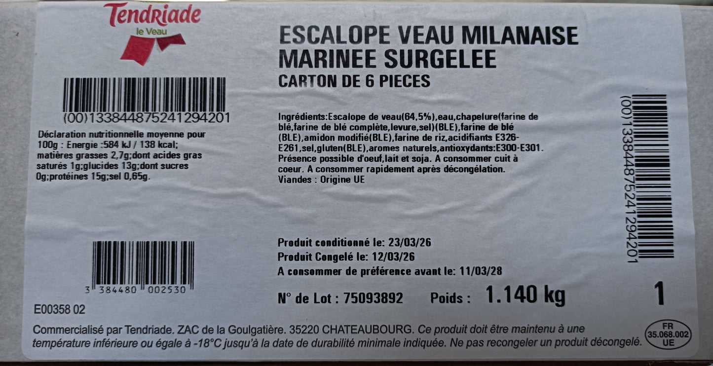 Escalope de veau milanaise IQF lot de 8 cassettes de 6 x 190g soit 9,12 kg Tendriade