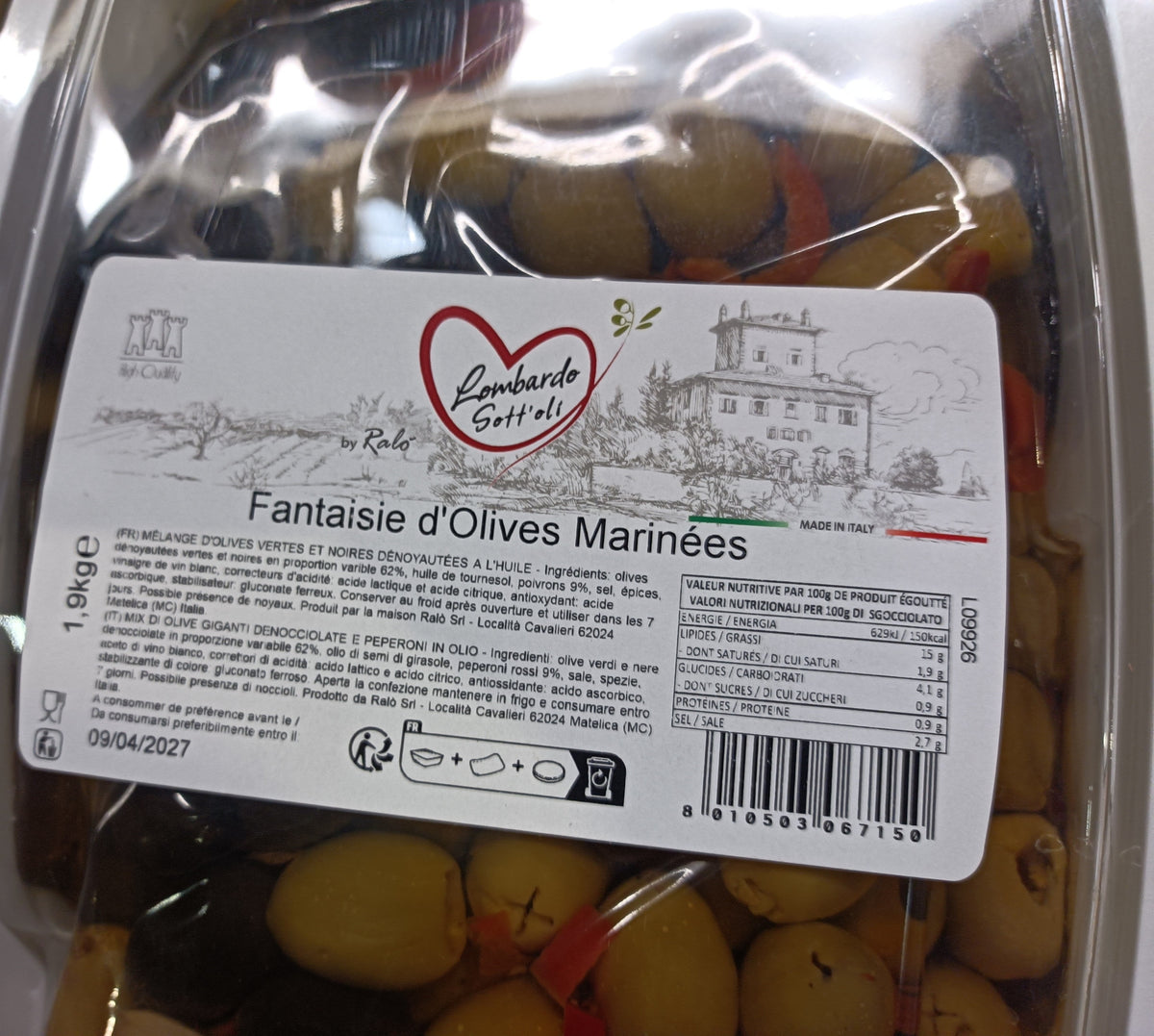 Mélange d'olives marinées lot de 3 barquettes  de 1.9 kg Lombardo Sott'Oli
