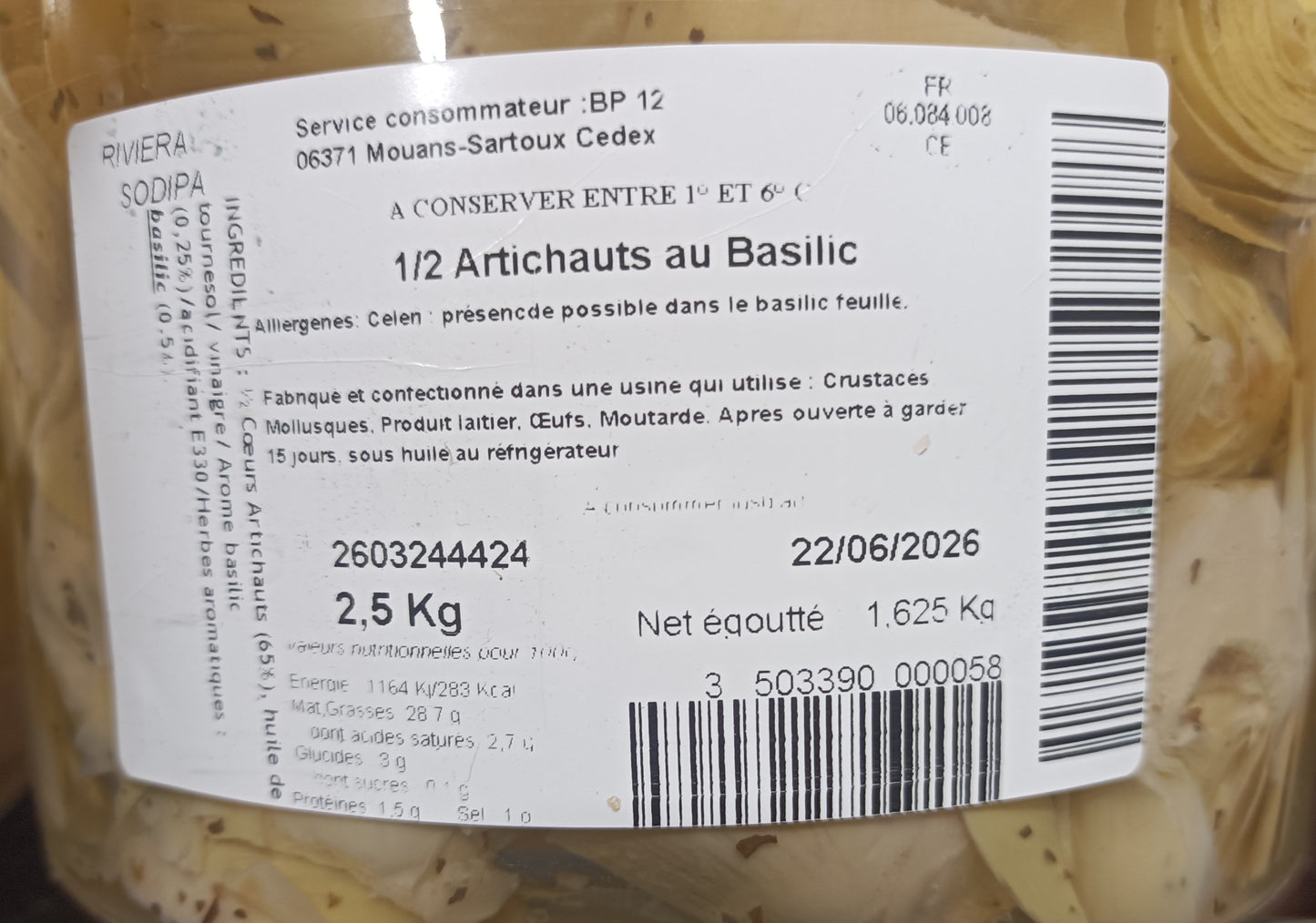 Artichauts au basilic 2.5 kg ANTIPASTI DU SOLEIL