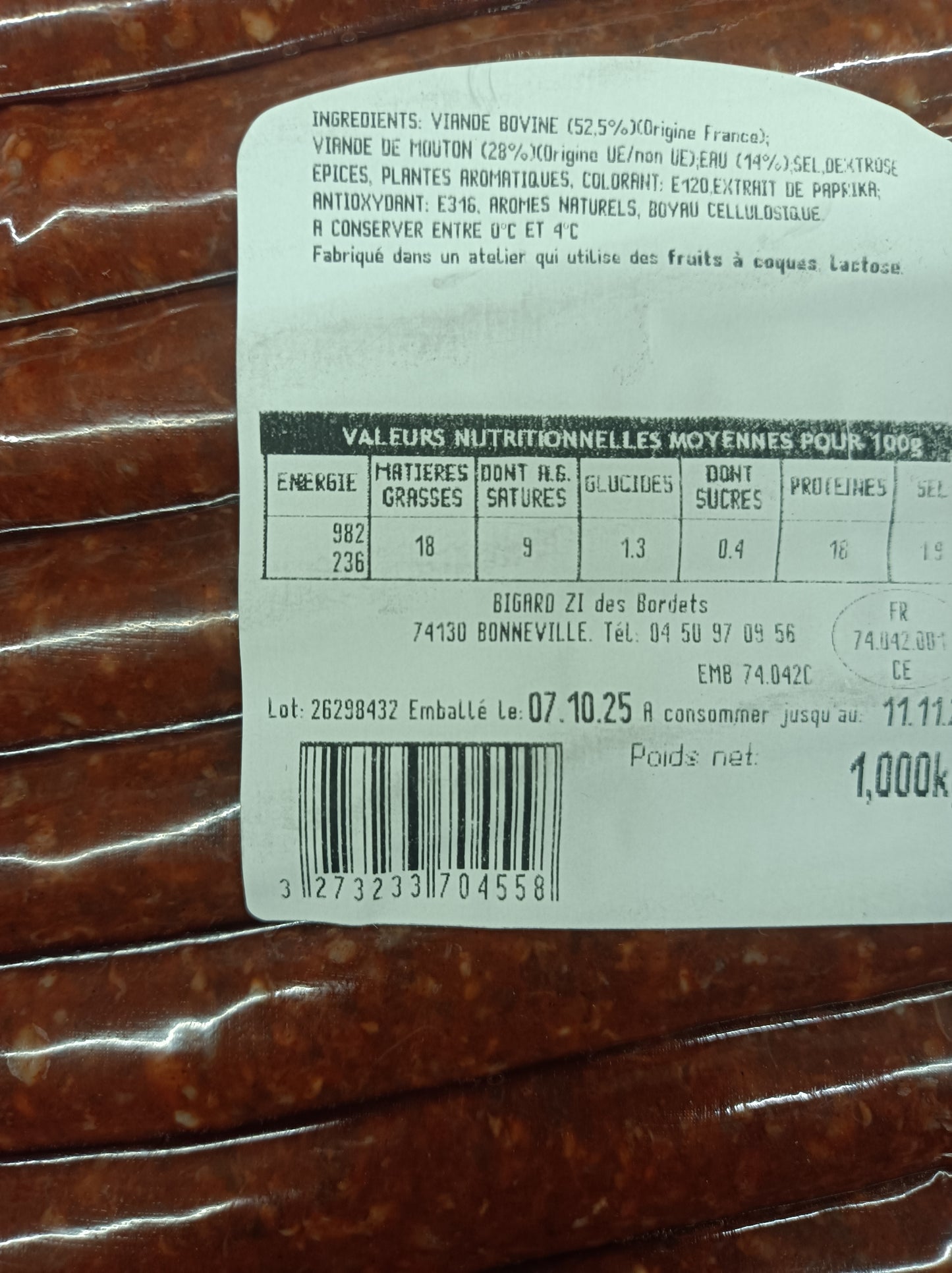 Merguez de Bœuf-Agneau précuites lot de 3 x 1 kg sous vide/50g  Salaison Du Mont Blanc